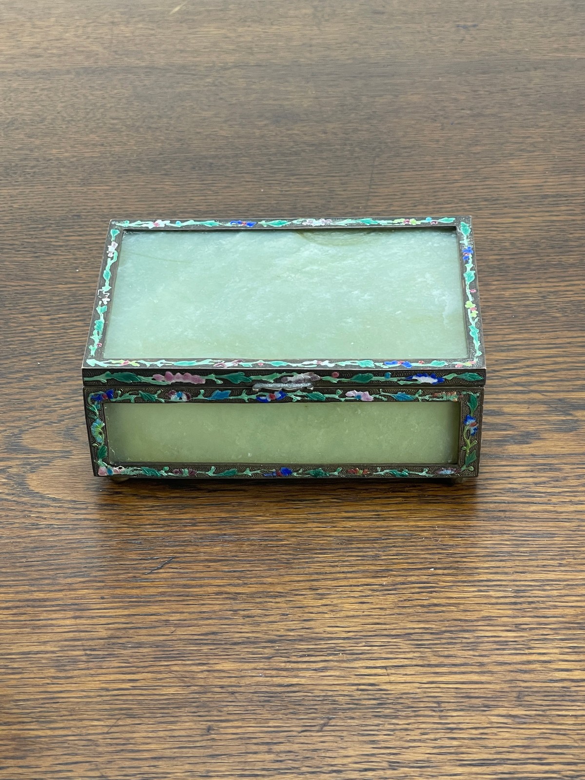 Vintage Old Chinese Jade Stone Brass Enamel Jewelry Trinket Lidded Box China