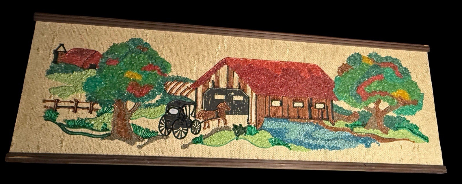 MCM 1960’s Pebble Art & Textile Covered Bridge Horse Buggy Landscape Scene