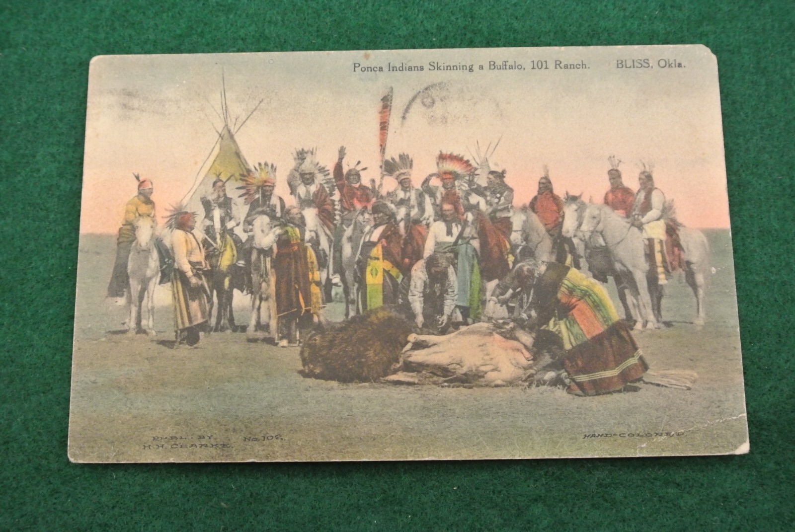 Ponca Indians Skinning a buffalo  101 Ranch Bison litho Postcard