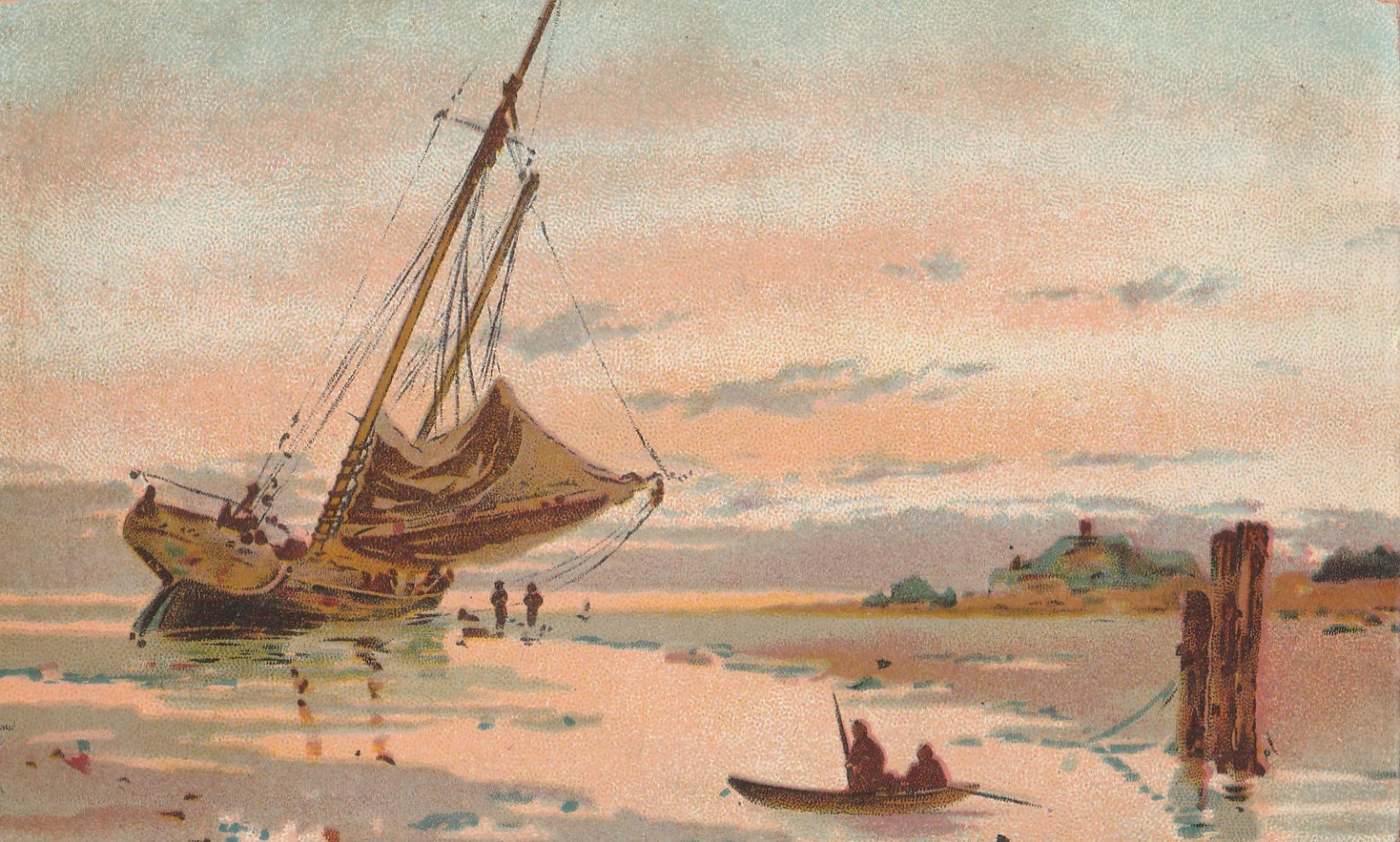 Seascape with Sail boat ,Grounded, litho