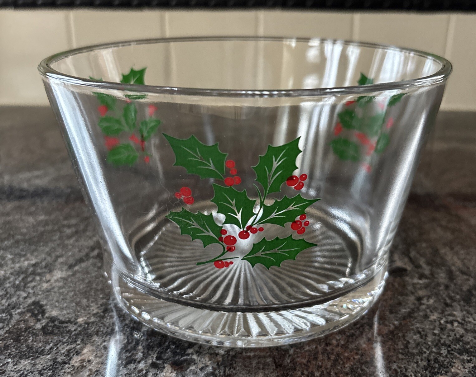 Vintage Christmas Indiana Glass Holly Trifle Candy Bowl Dish Serving Holiday VTG