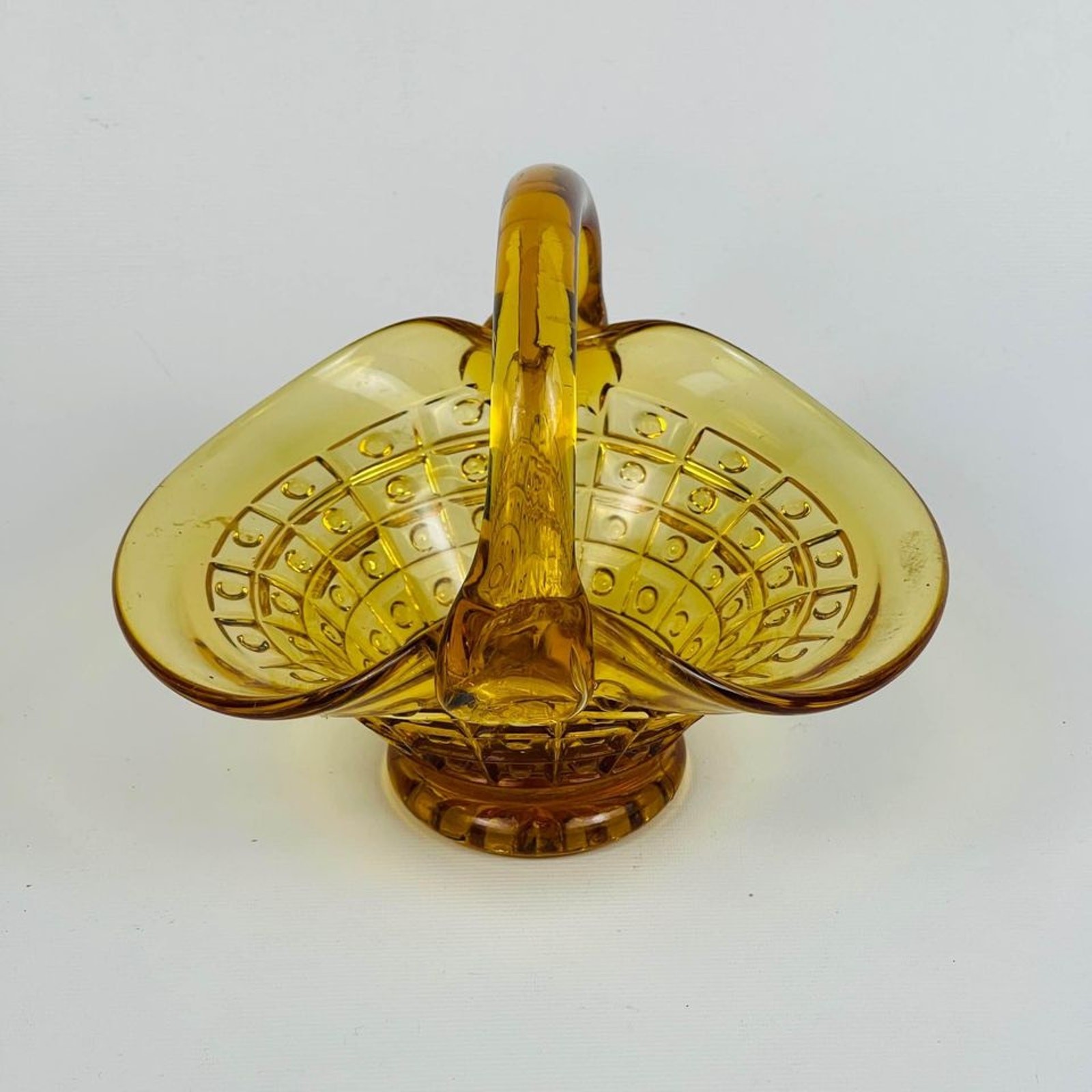 Amber Pressed Depression Glass Square & Dot Pattern Basket