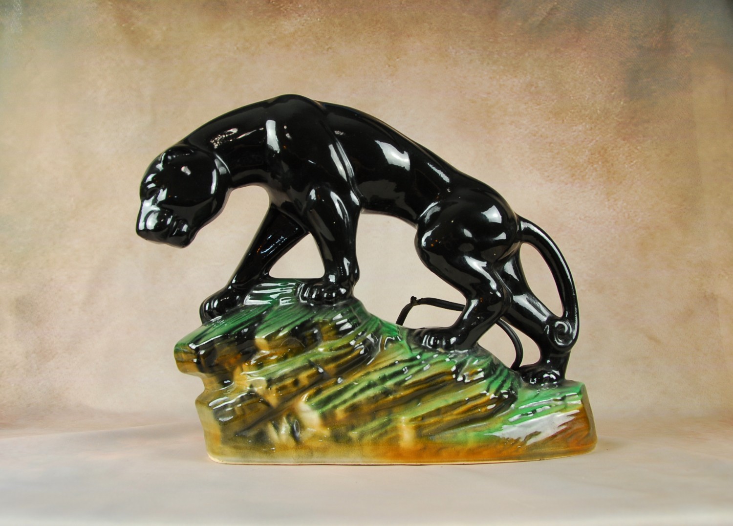 Vintage 1950s MCM Ceramic Black Panther TV Lamp Lane Co Rock Base Mid Century