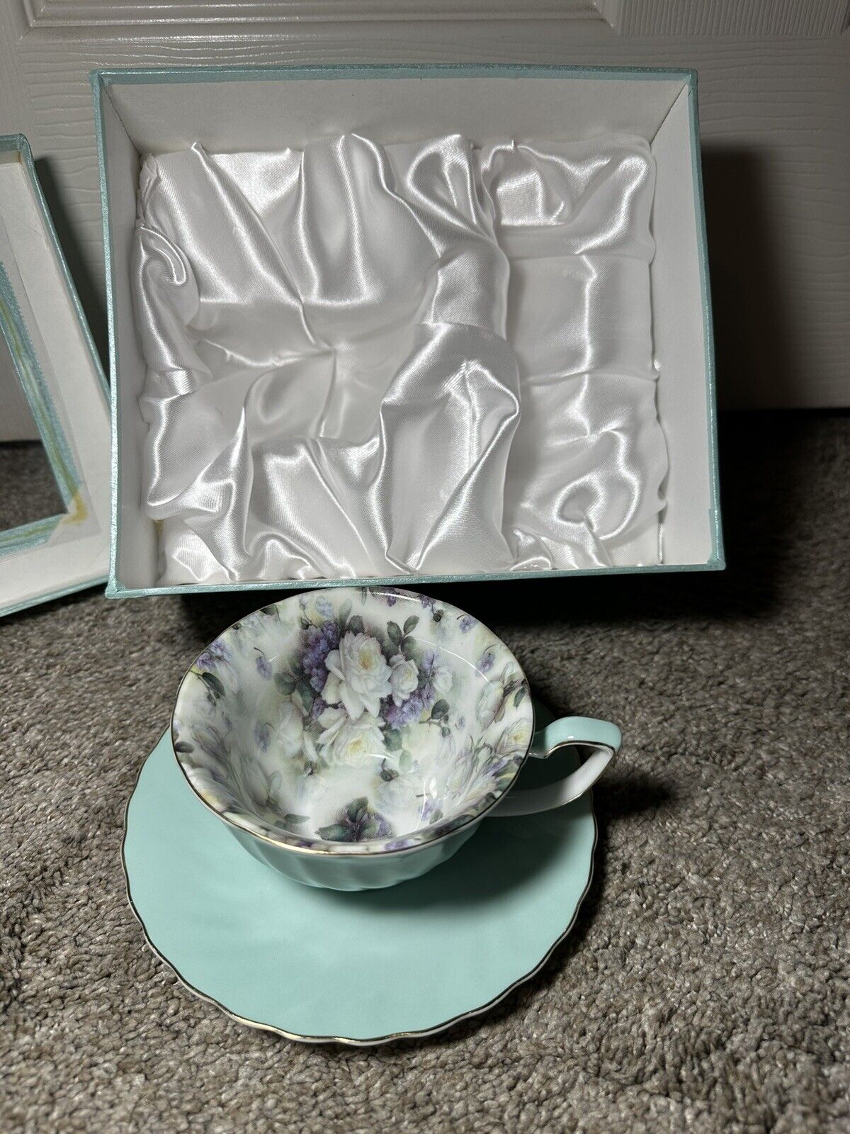 New In Box Porcelain Treasures Cup And Saucer Betty Platner Teal Floral