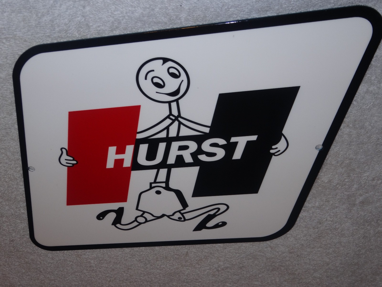 VINTAGE HURST SHIFTER 4 5 SPEED SHIFT AUTO RACING MASCOT METAL GASOLINE OIL SIGN