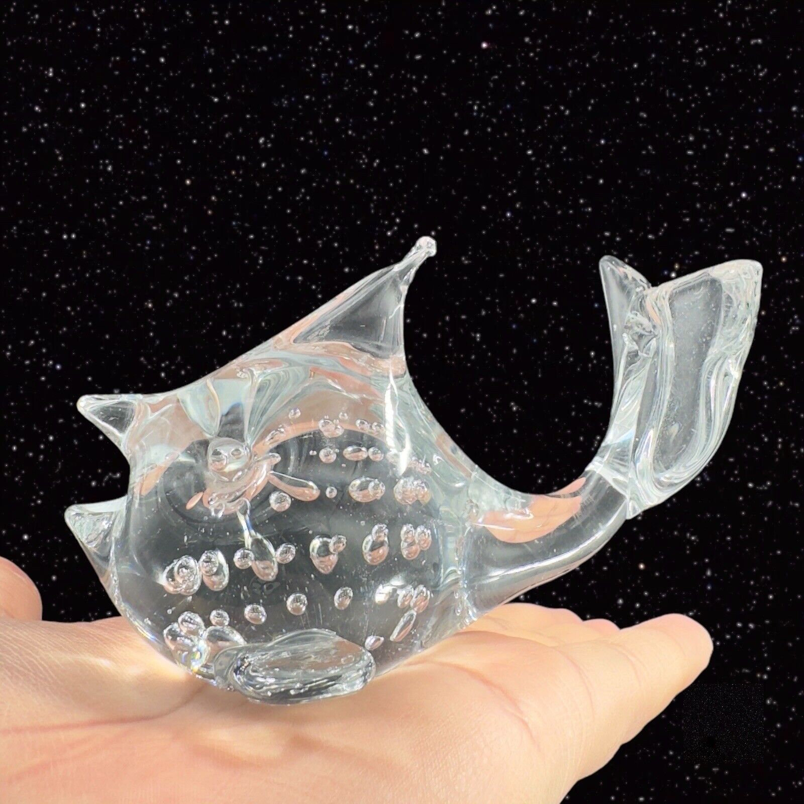 Vintage Clear Glass Fish Dolphin Figurine Paperweight With Small Bubbles Glass