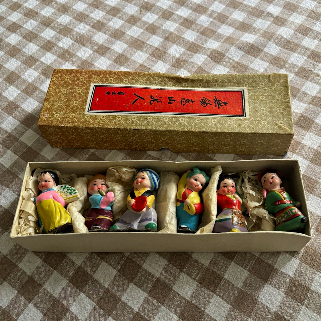 Vintage Chinese Hand Painted Clay Figurines Set of 6 Folk Art Original Box