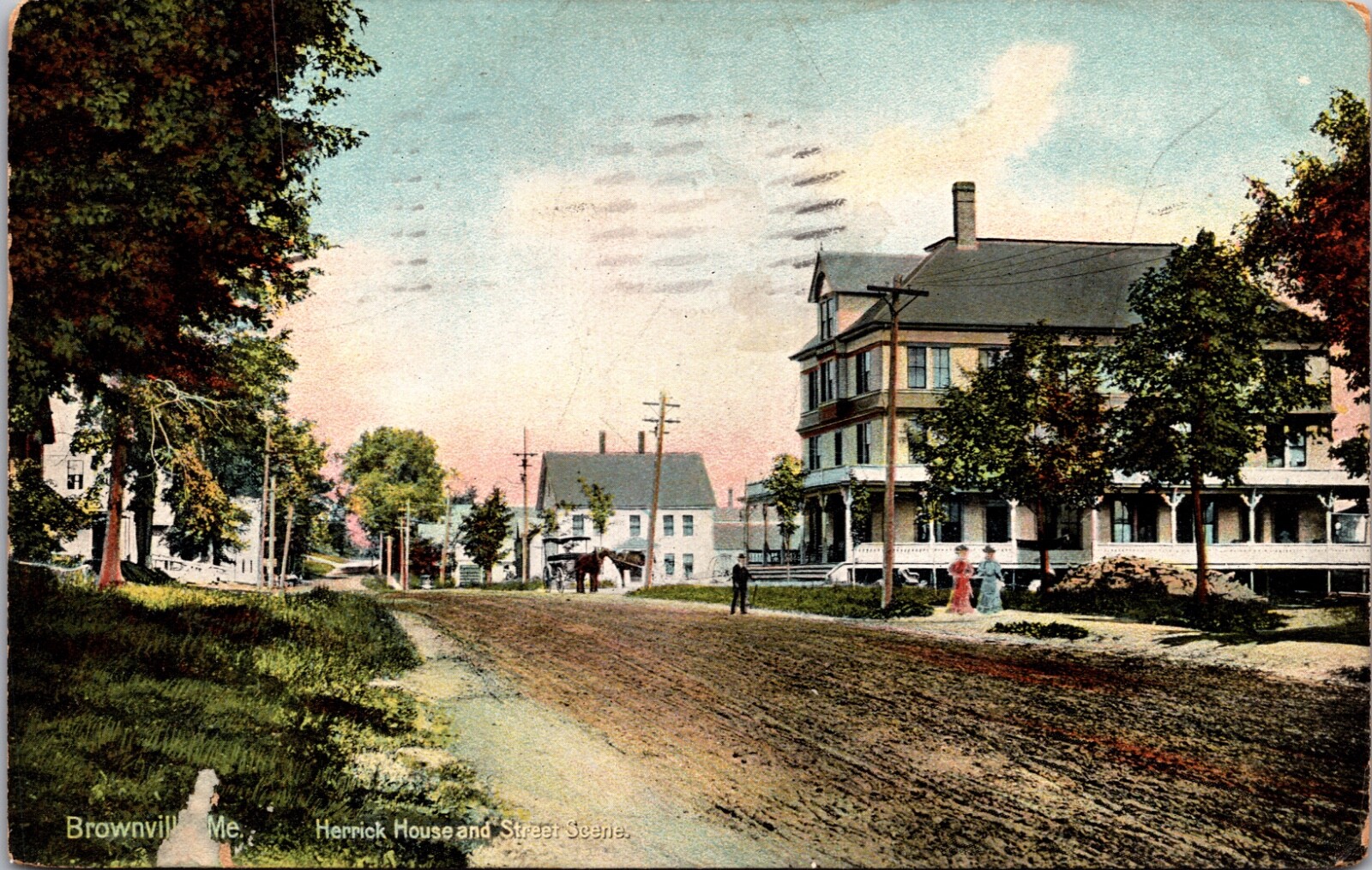 Postcard Herrick House and Street Scene in Brownville, Maine