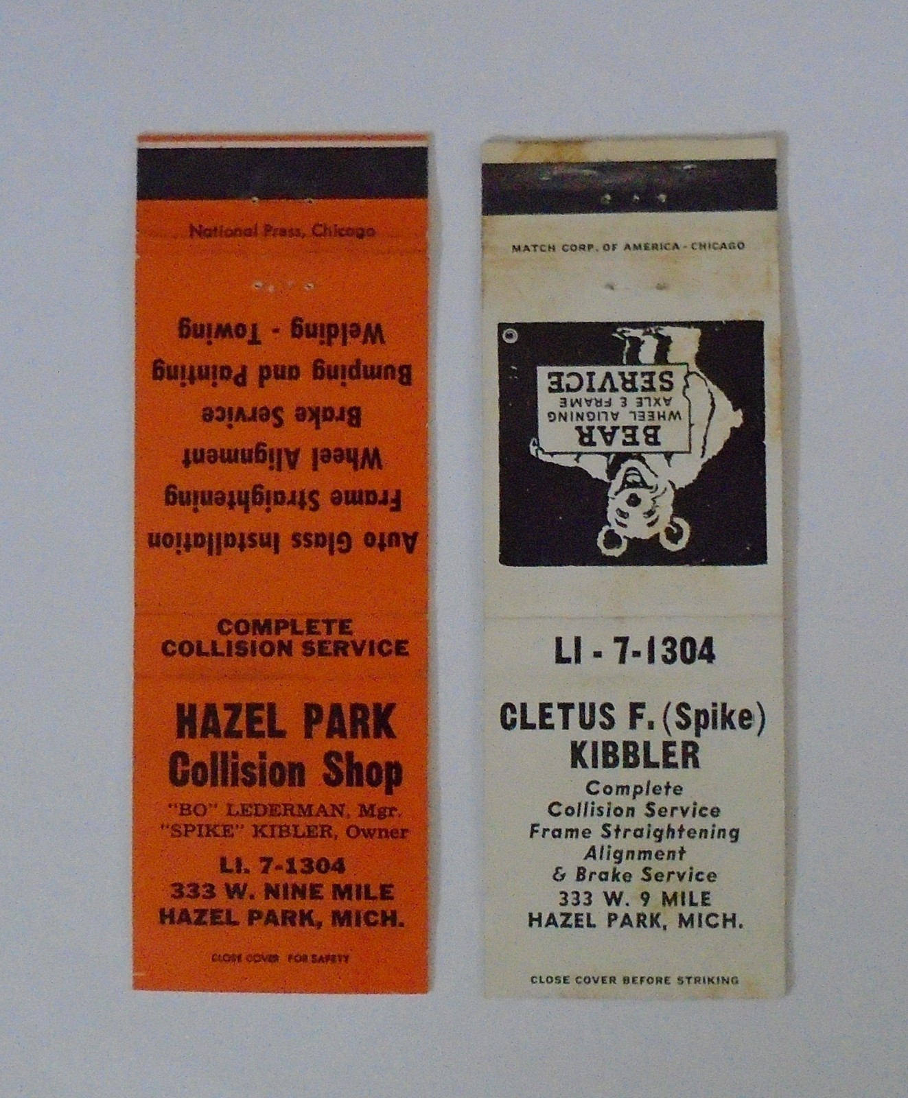 2 Hazel Park MI Matchbook Cover