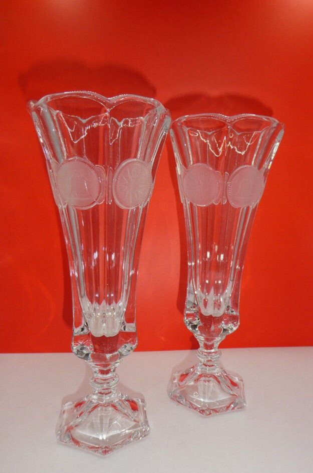 Fostoria Clear Frosted Coin Glass Vase US Symbol 8 in Tall Set of 2