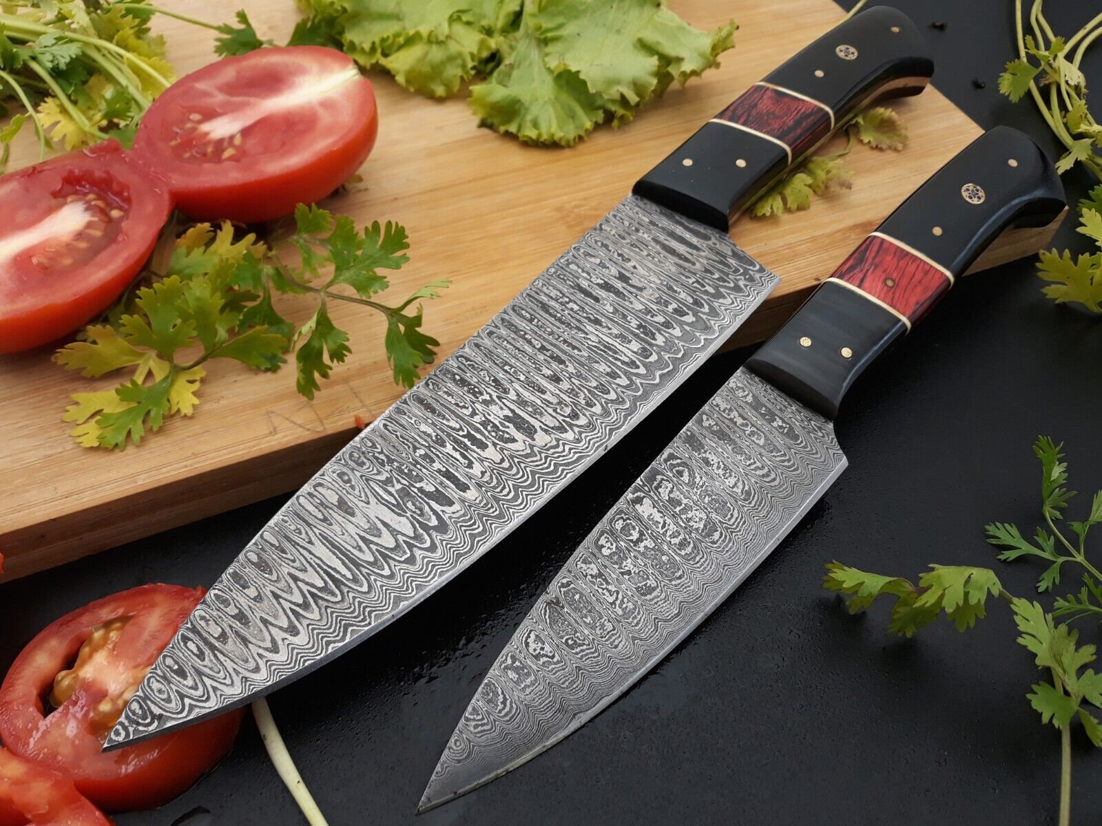 Hand Forged Damascus Steel Kitchen Chef Knife Set with Black Oak Wood and Sheath