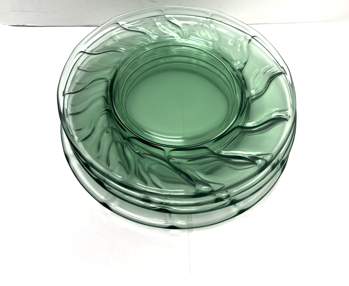 Vintage Fostoria Jamestown Green Glass Salad Plates lot of 4