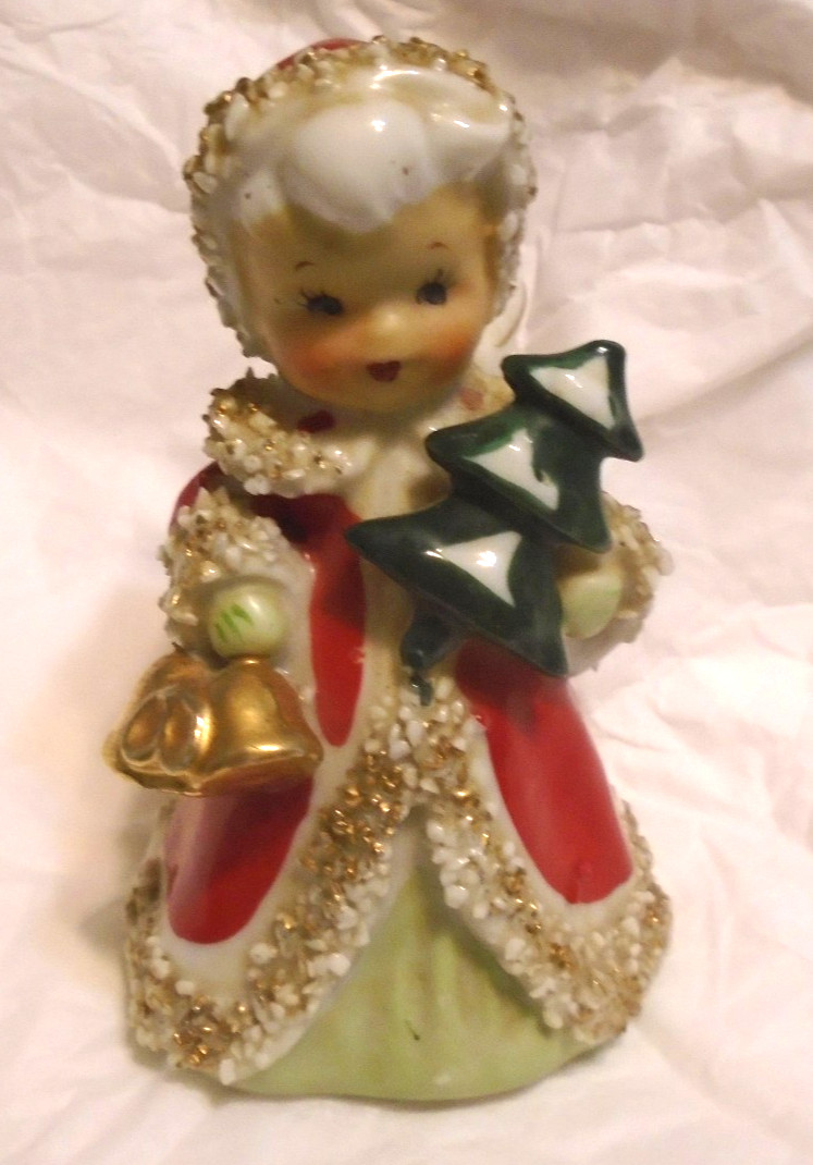VINTAGE MCM LEFTON CHRISTMAS ANGEL GIRL BELL W/ TREE FIGURINE~SPAGHETTI TRIM
