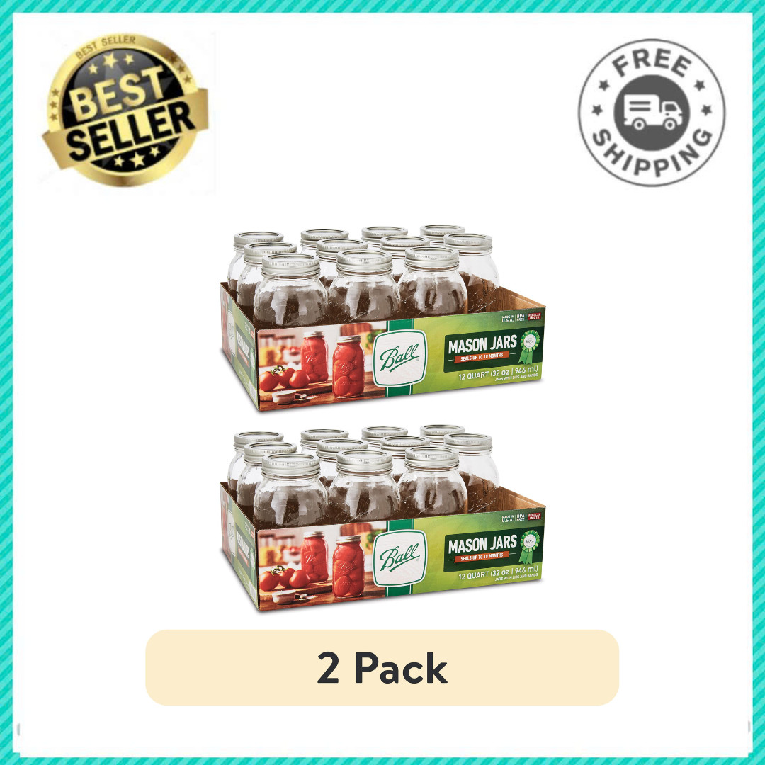 Ball Mason Jars Regular Mouth 32 oz Quart with Lids and Bands, 2 Pack (24 Jars)