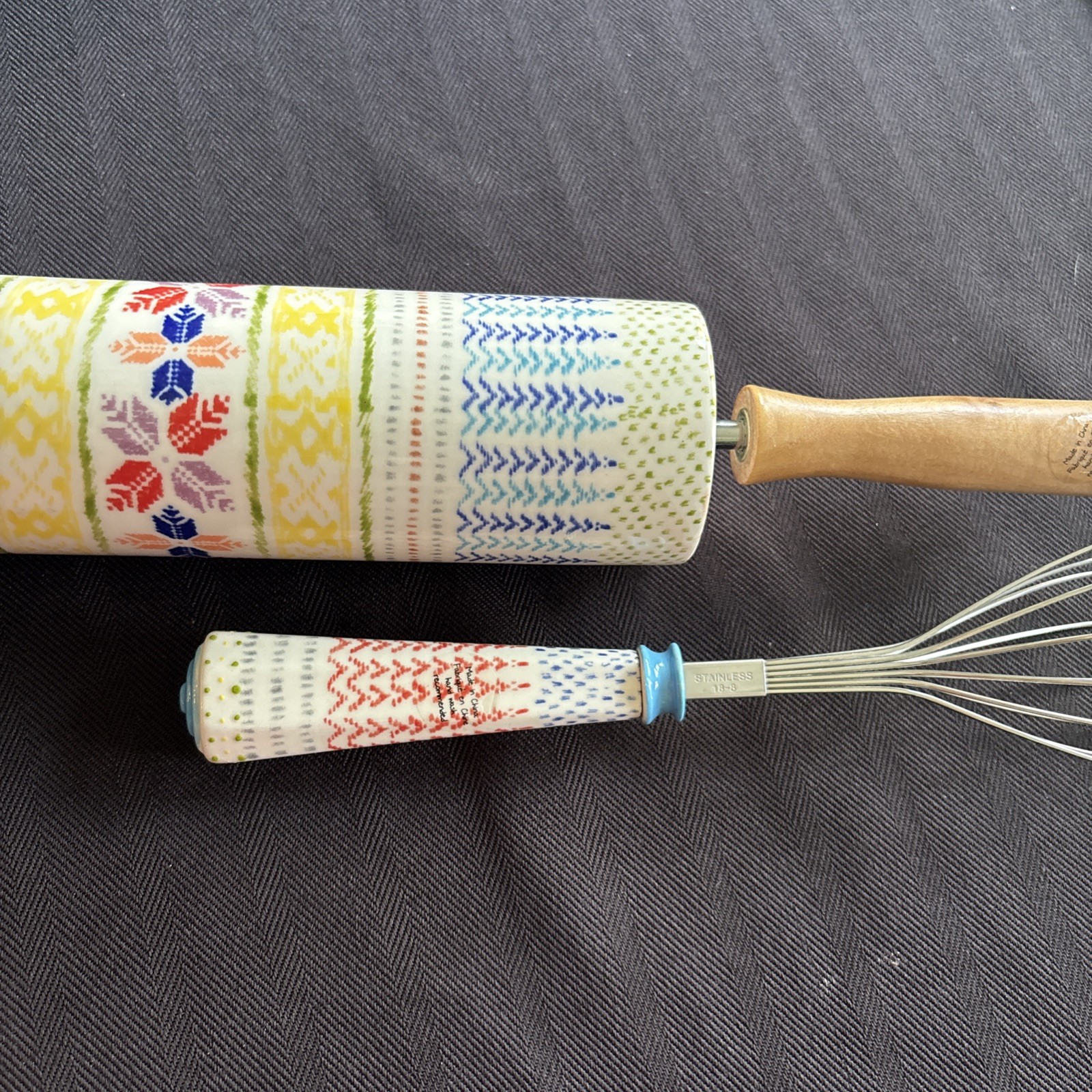 Anthropologie Ceramic Rolling Pin And  Whisk Knit Sweater Print New Set