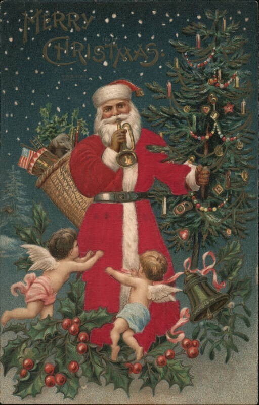 Patriotic~SILK Santa Claus  with Angels~USA Flag~Antique~Christmas Postcard~s131