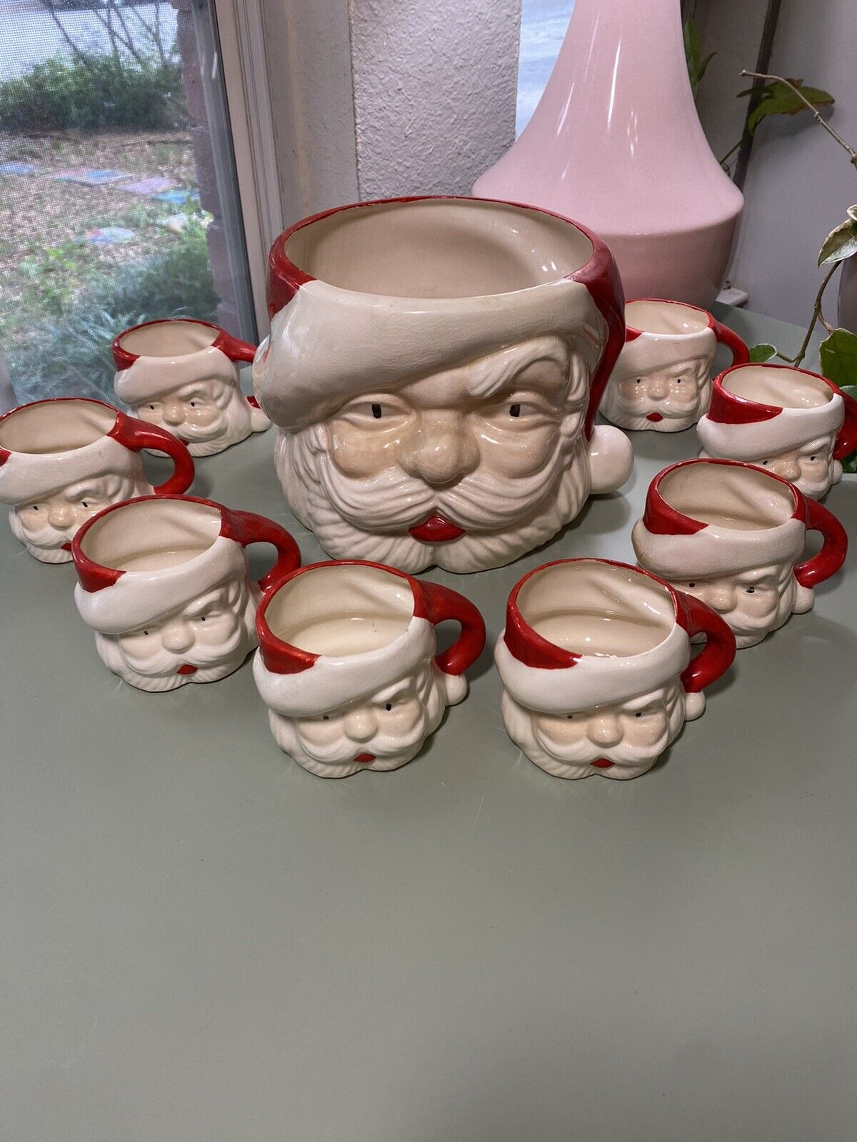 Vintage  Santa Claus Ceramic Punch Bowl w/ Ladle and 8 Cups Jamar Mallory 10 Pc