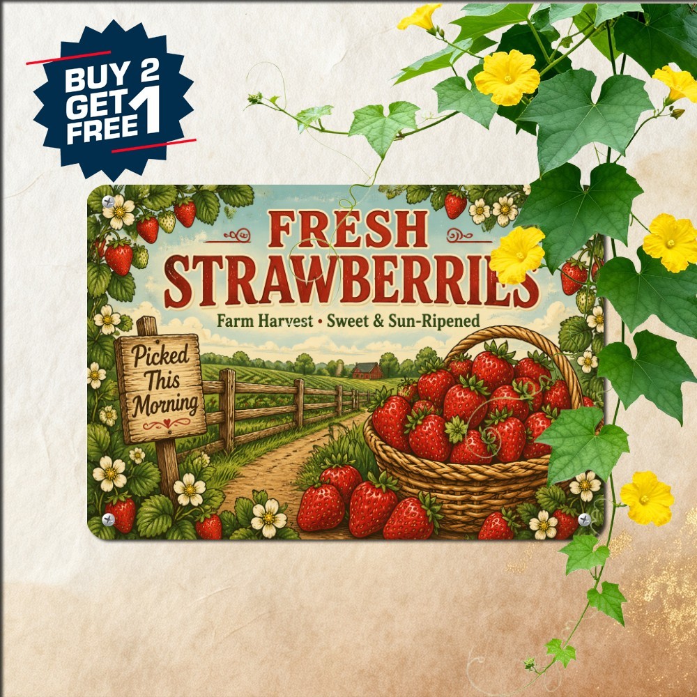 Fresh Summer Strawberries Basket Poster Rustic Fruit Garden Metal Tin Plaque