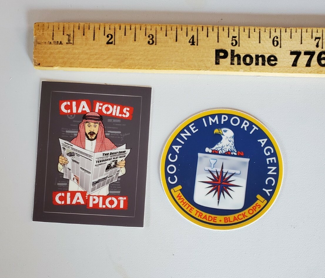 FUNNY CIA STICKERS LOT of 2 Cocaine Import Agency & CIA FOILS CIA PLOT 9 11 HOAX