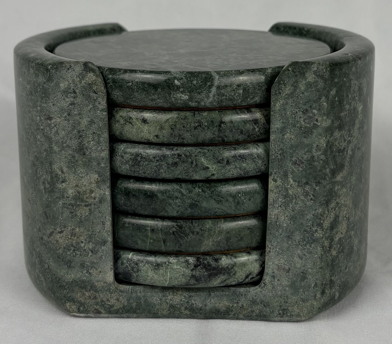 Vtg Set Of 6 Green Heavy Marble Stone Coasters w/ Cork Back in Holder Bar Taiwan