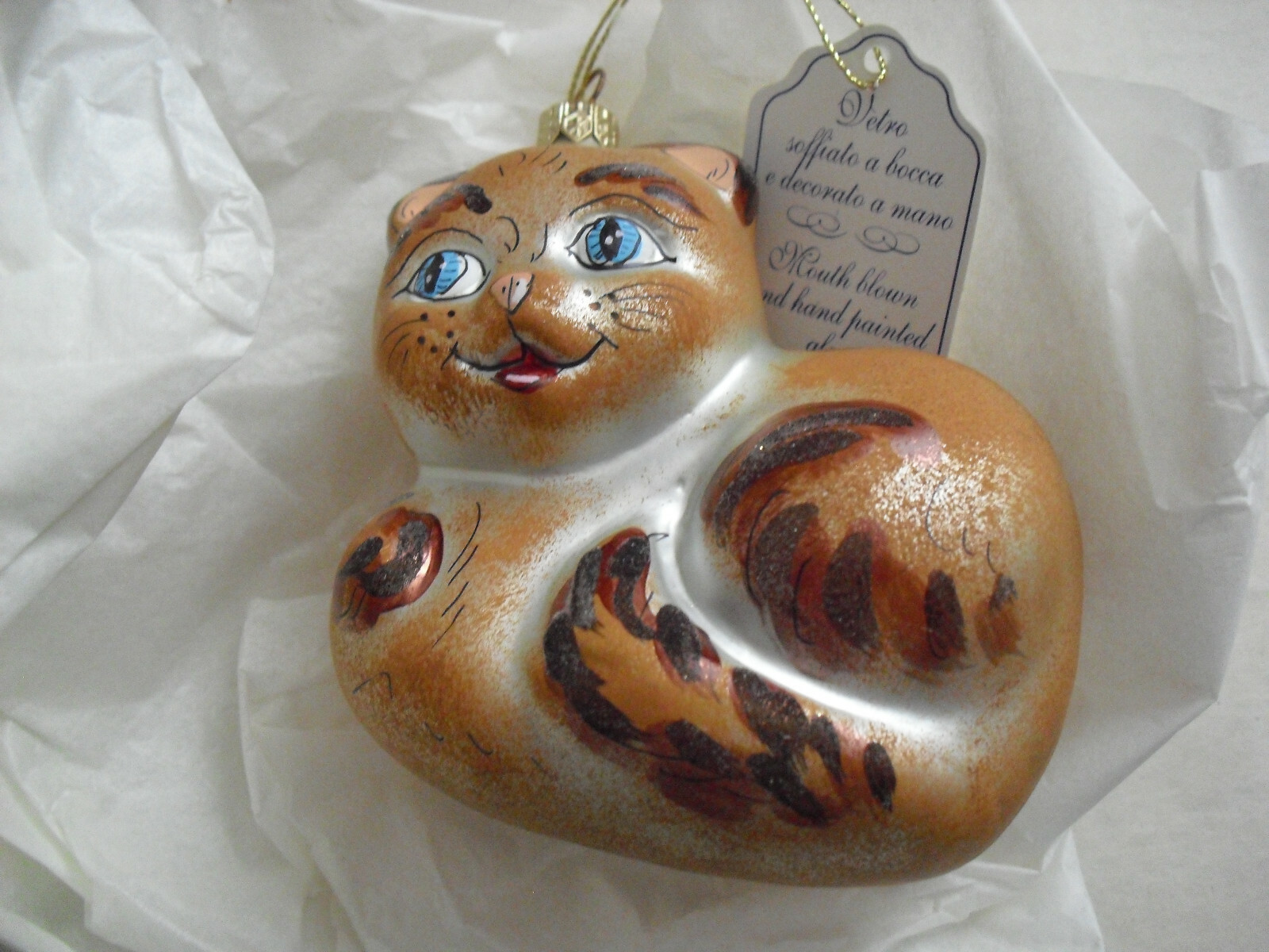 Modern Laved Italy Hand Blown Glass Painted Cat Kitten Ornament 4