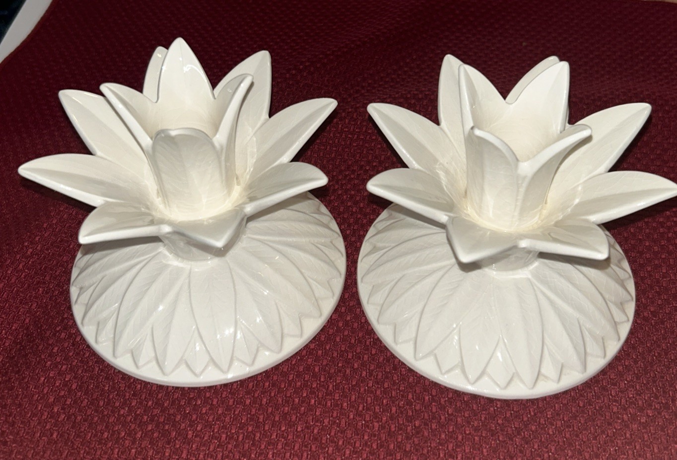 Fitz and Floyd White Palm Leaf Candle Holders Pair Early 1980s Collectible 