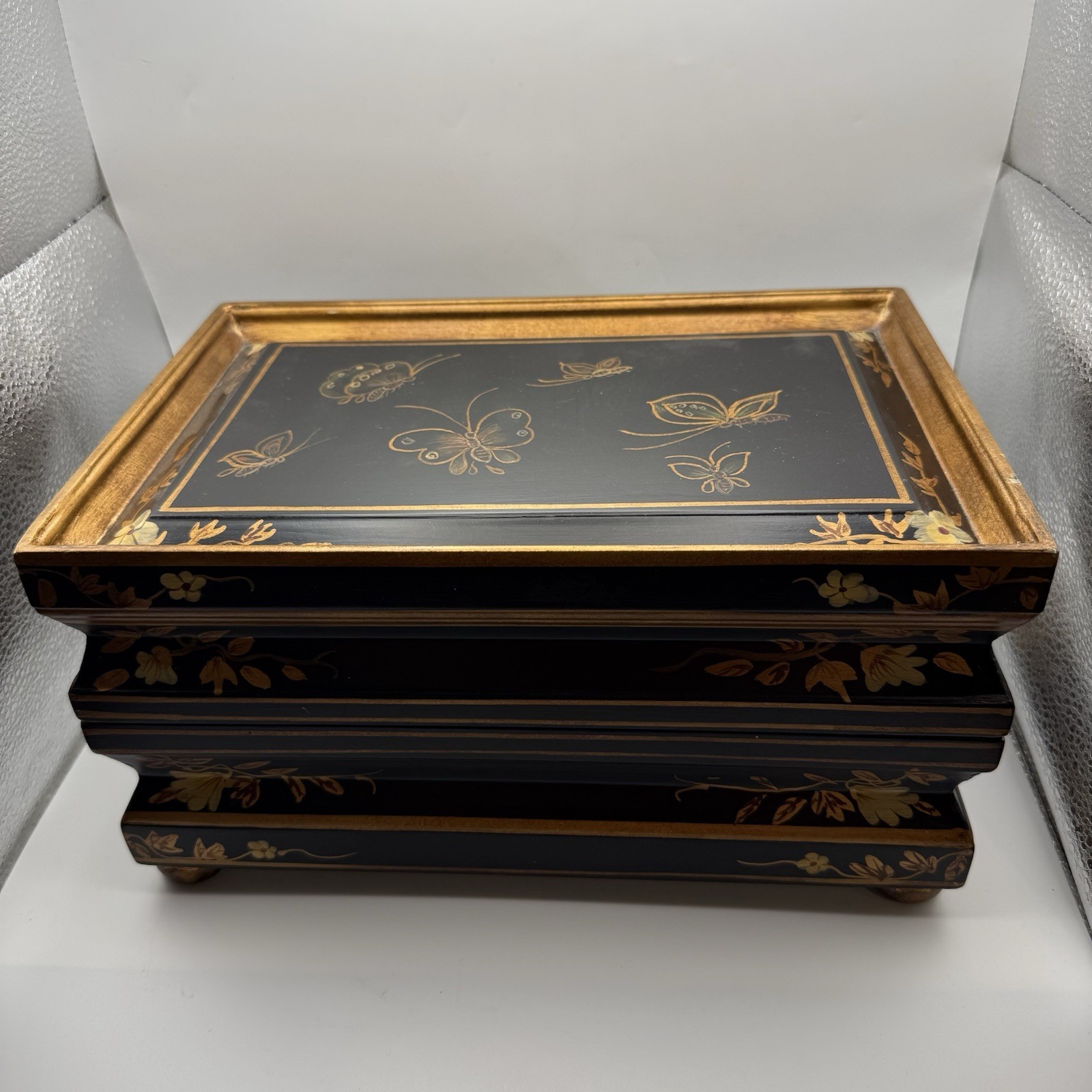 Japanese Vintage Style Jewelry Box Black And Gold With Hand-Painted Butterflies