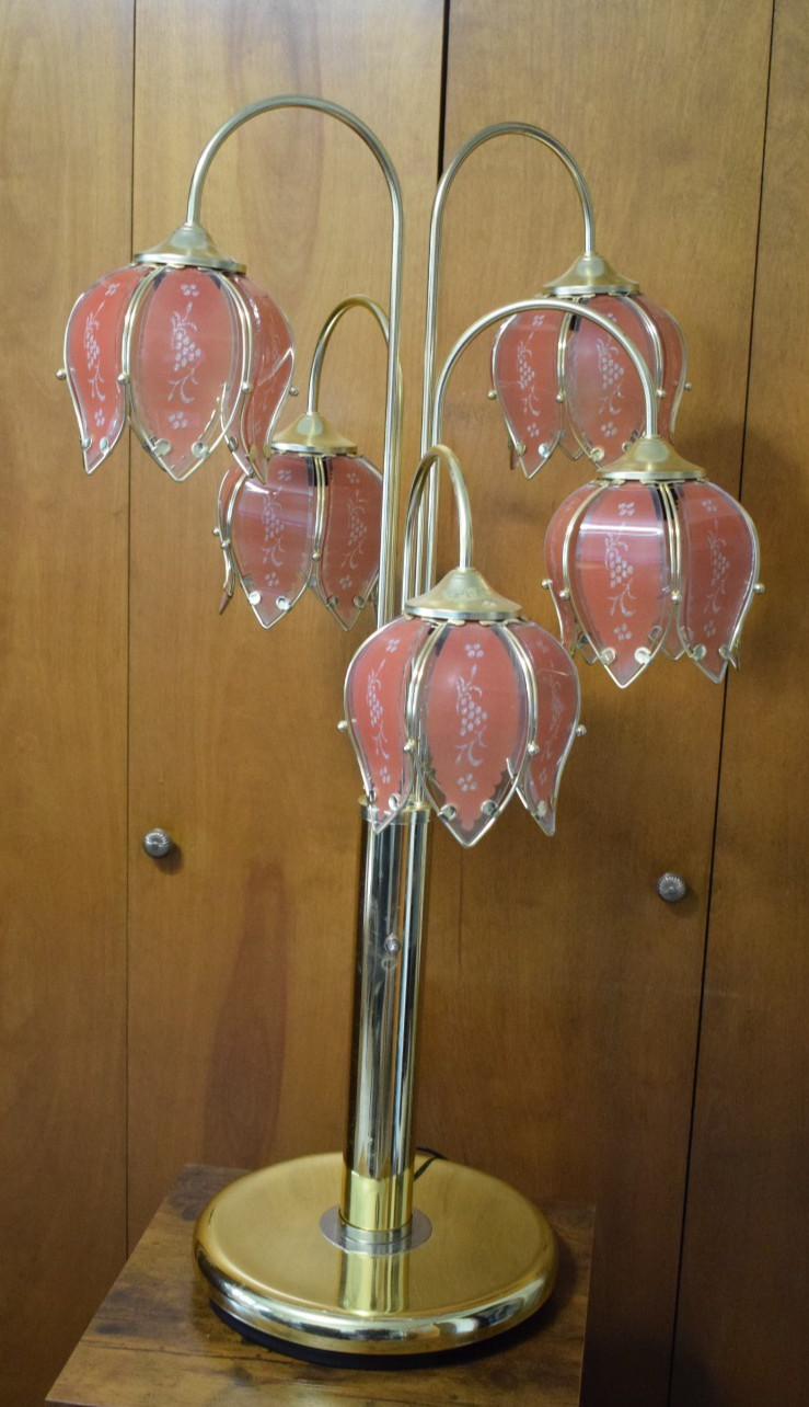 Vintage Hollywood Regency Pink 5 Tulip Shades Waterfall Table Lamp