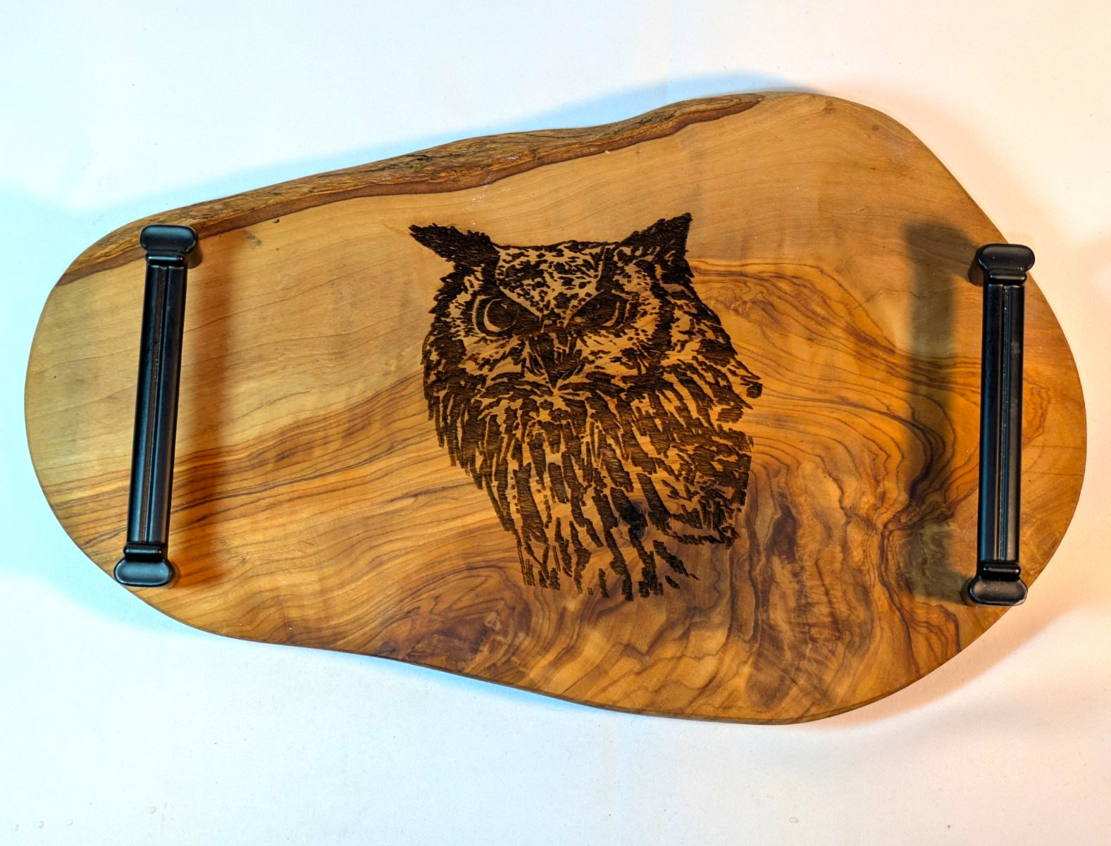 Handmade Live Edge Olive Wood Rustic Charcuterie Board Detailed Owl Woodburning