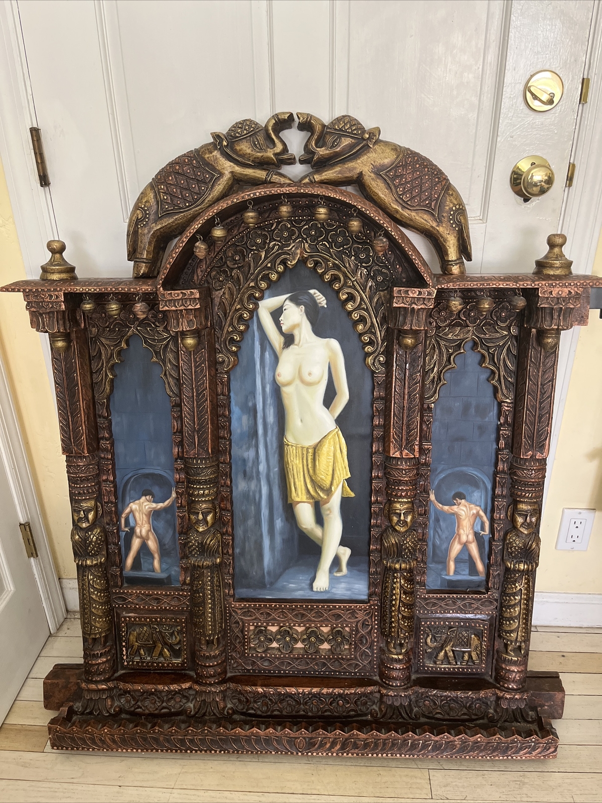 Unique Nude Asian Lady Painting Indian jharokha wooden elephant wall hanging Art