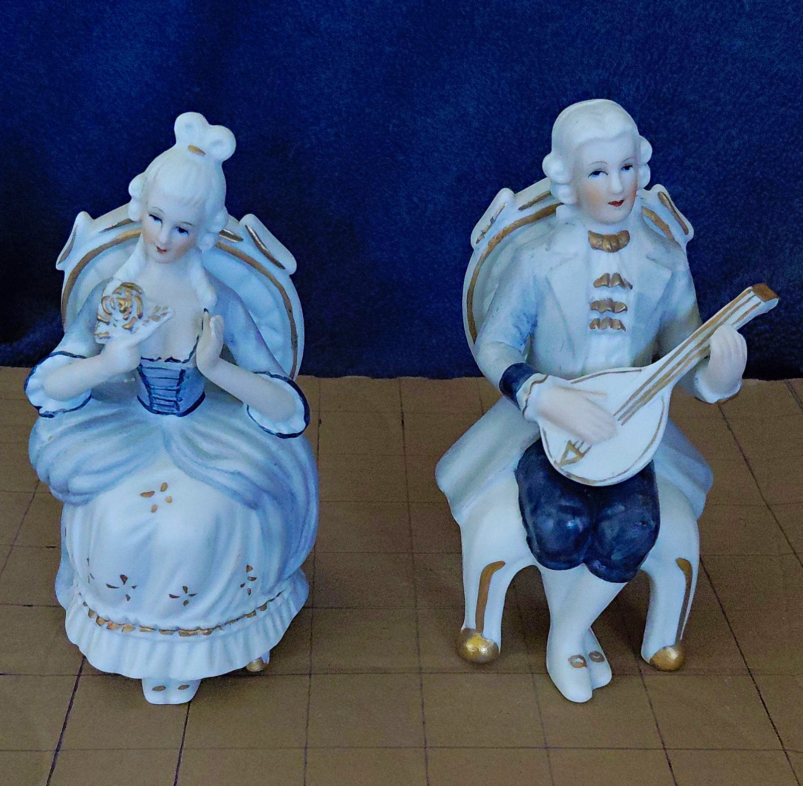 Vintage Porcelain Rococo Courting Couple Figurines-Blue/ White Seated Musician