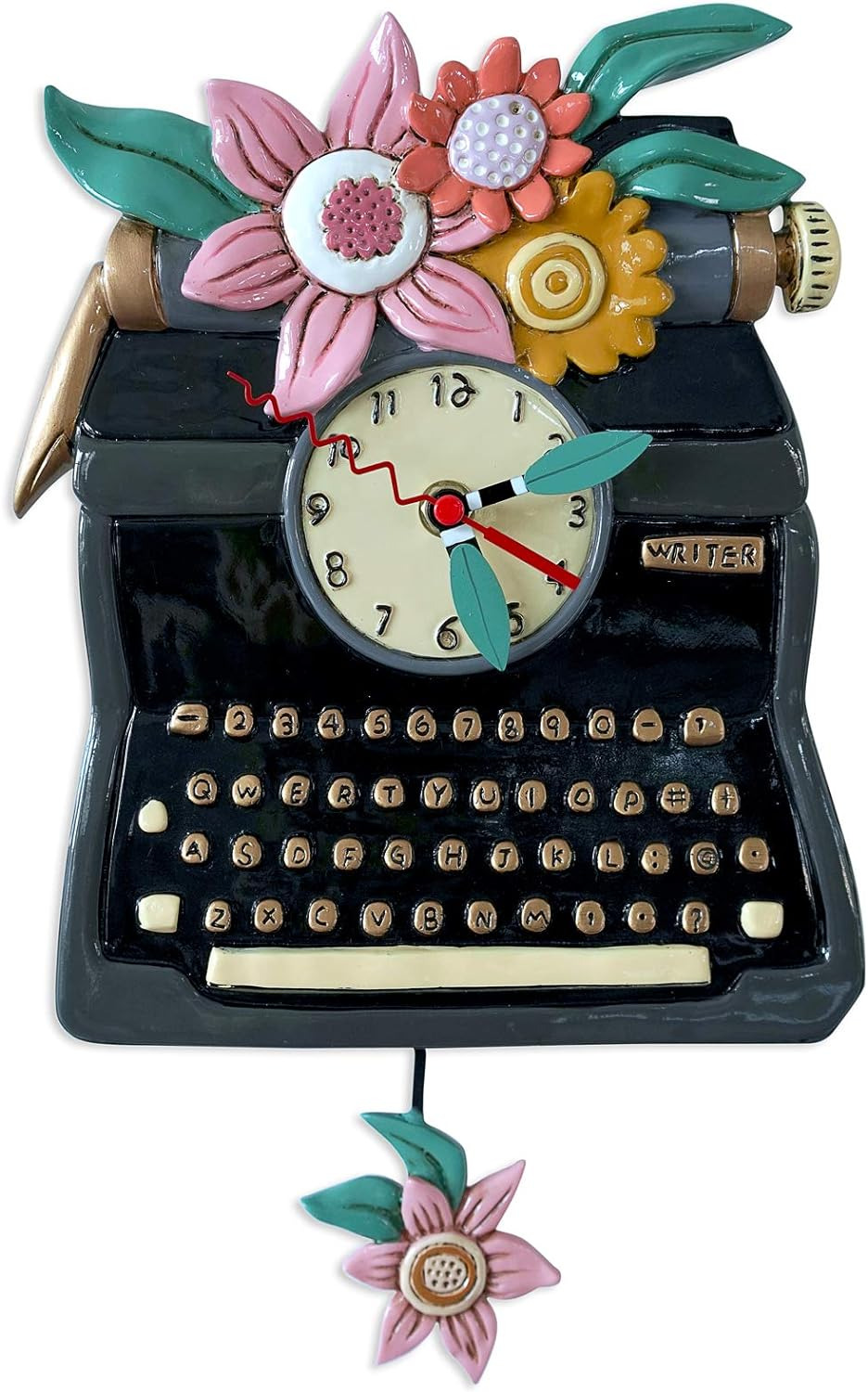 P2051 Swinging Pendulum Clock Black Vintage Writer Typewriter Design 14 Inches X