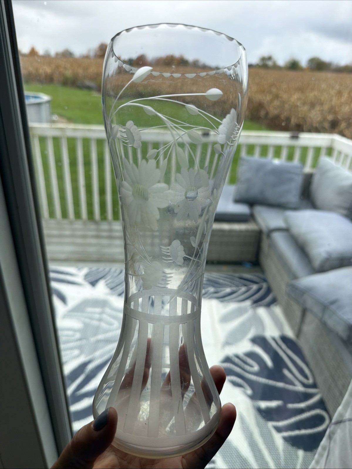Vintage Etched Clear Glass Vase • Floral Cut Design 9.5\