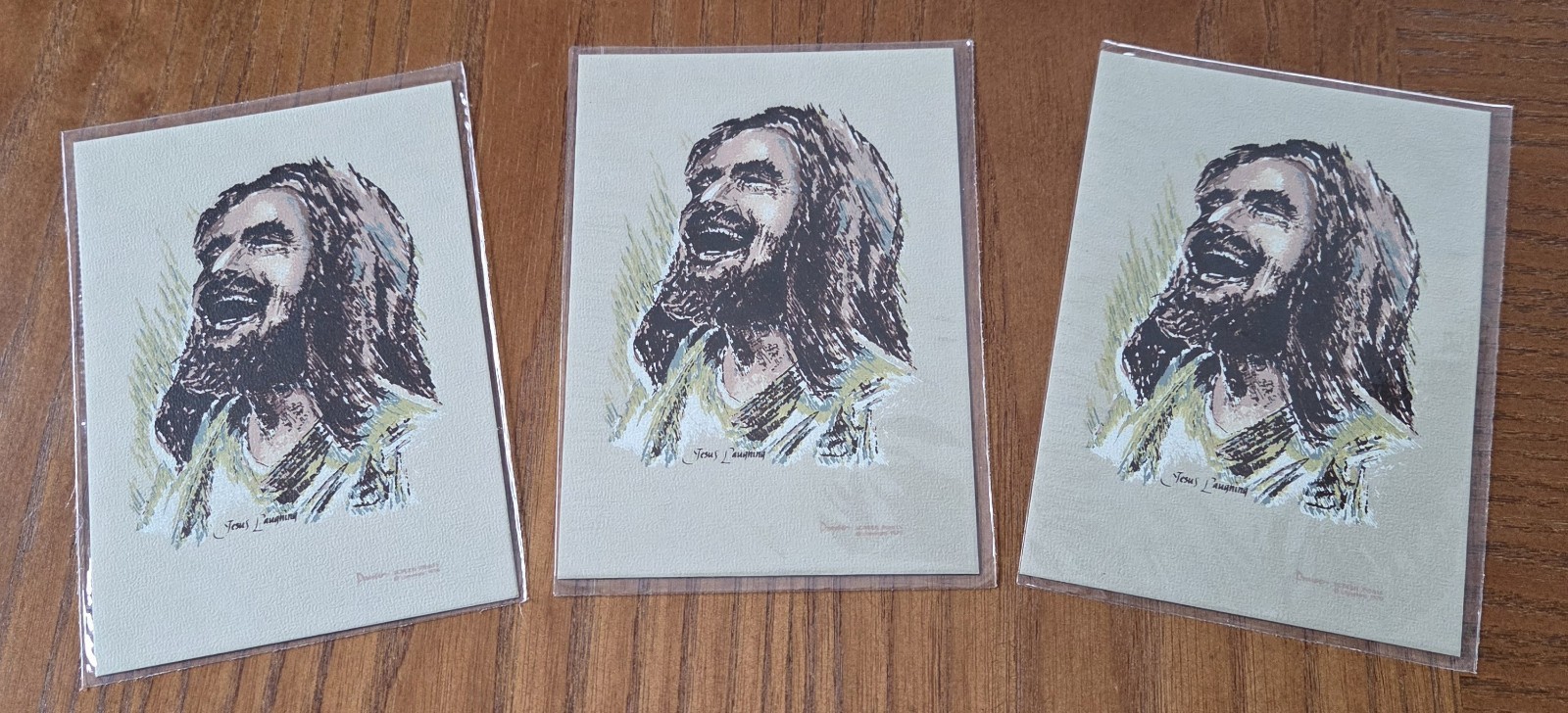Jesus Laughing Picture Vintage Silkscreen Set Of 3 Prints Size 3.5