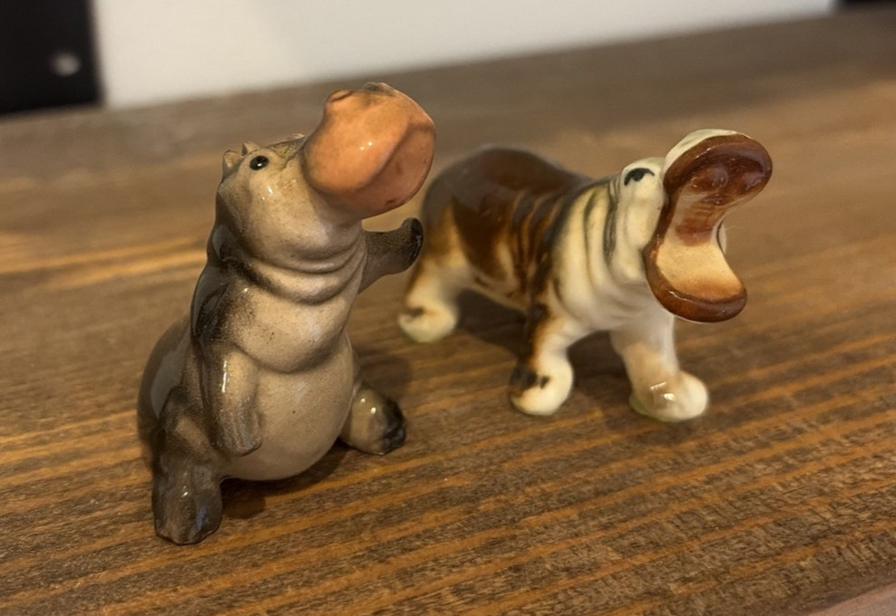 Vintage Ceramic Hippos Set Of 2 Miniature Figurines