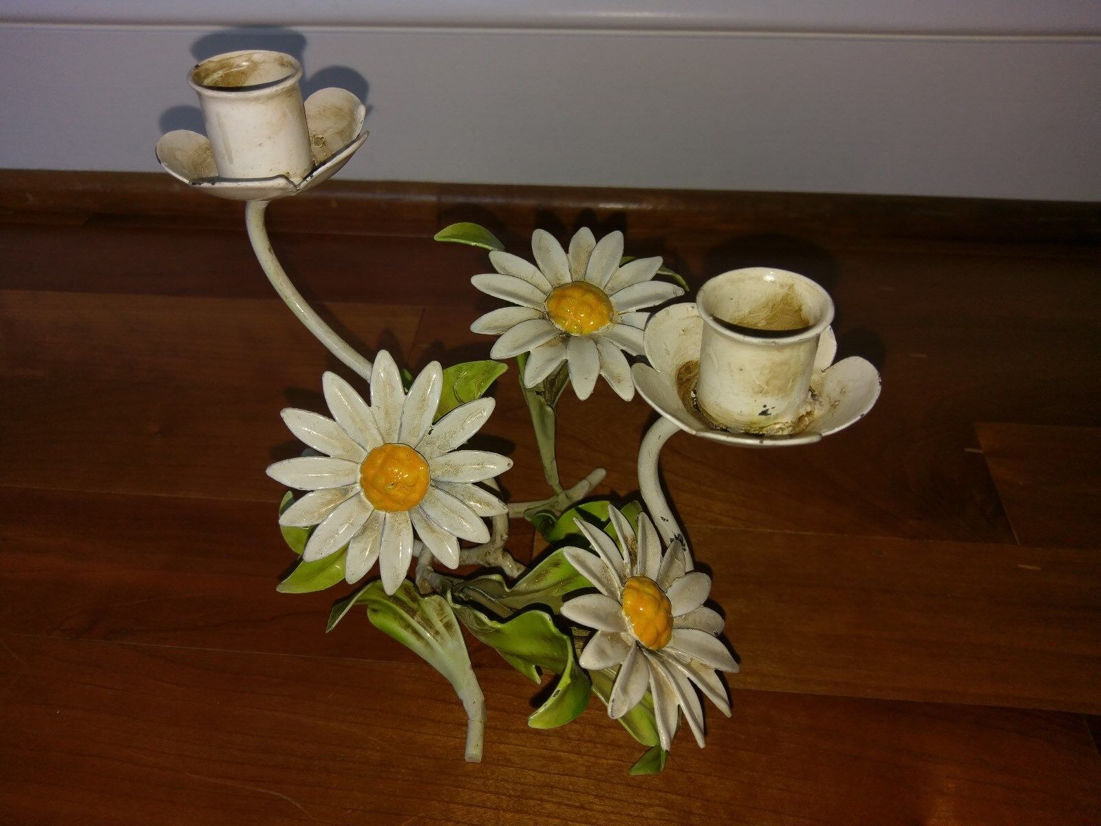 Vintage Toleware Candlestick Candle Holder Daisy Flower Italian Metal Yellow