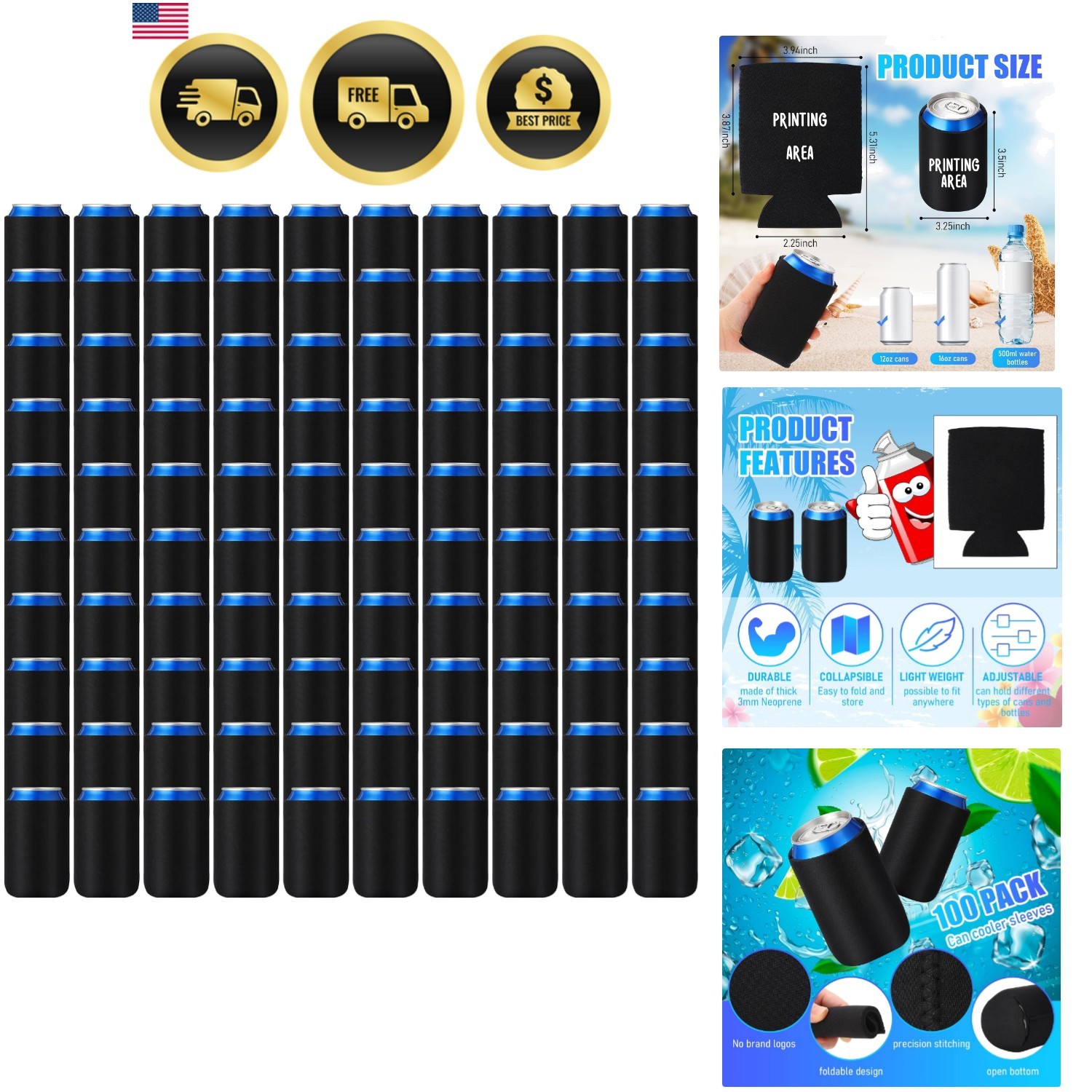 100 Pack Blank Beer Can Cooler Sleeves Bulk, Black 100 Pack Blank Beer Can Cooler Sleeves Bulk, Black