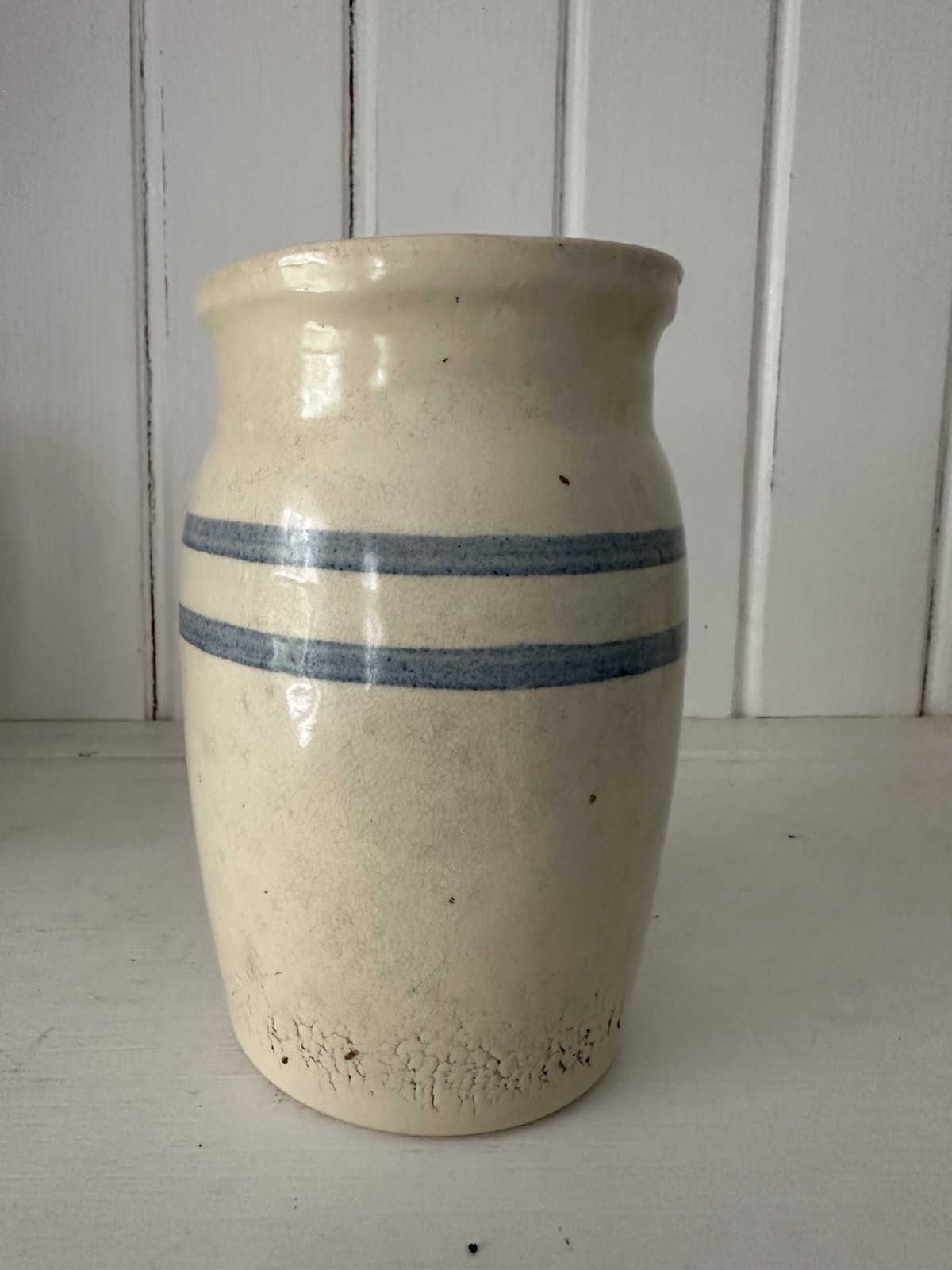 Vintage Stoneware Pottery Butter Churn Crock Light Blue Stripes 6.25\