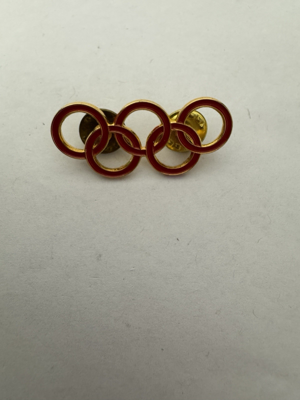 RARE Vintage Olympic Rings Red Enamel Pinback Badge Gold Tone Olympics Lapel Pin
