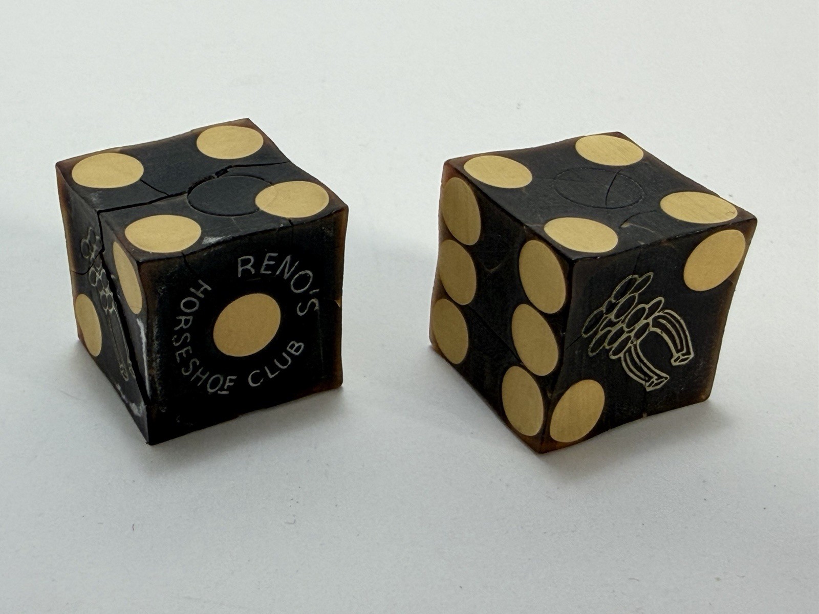 Vintage Horseshoe Club Reno Casino Dice Translucent Dark Amber Uncancelled Pair Vintage Horseshoe Club Reno Casino Dice Translucent Dark Amber Uncancelled Pair