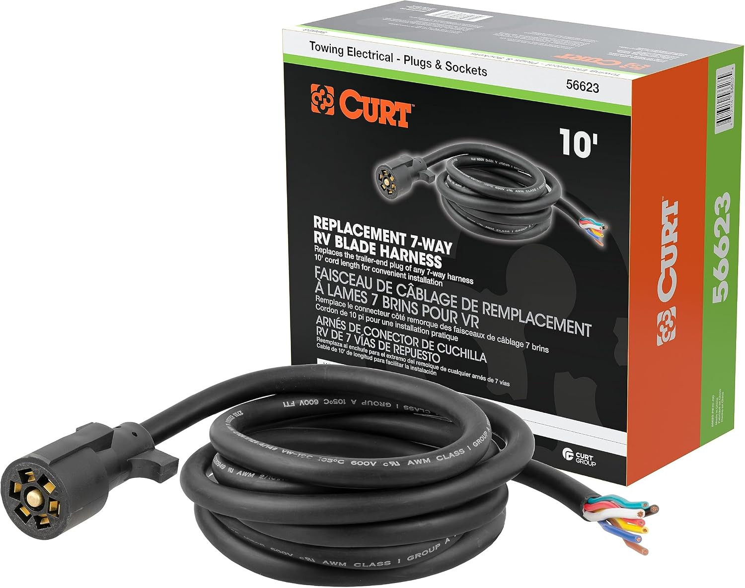 56623 Replacement 7-Way RV Blade Trailer Wiring Harness, Trailer Side, 10-Foot W