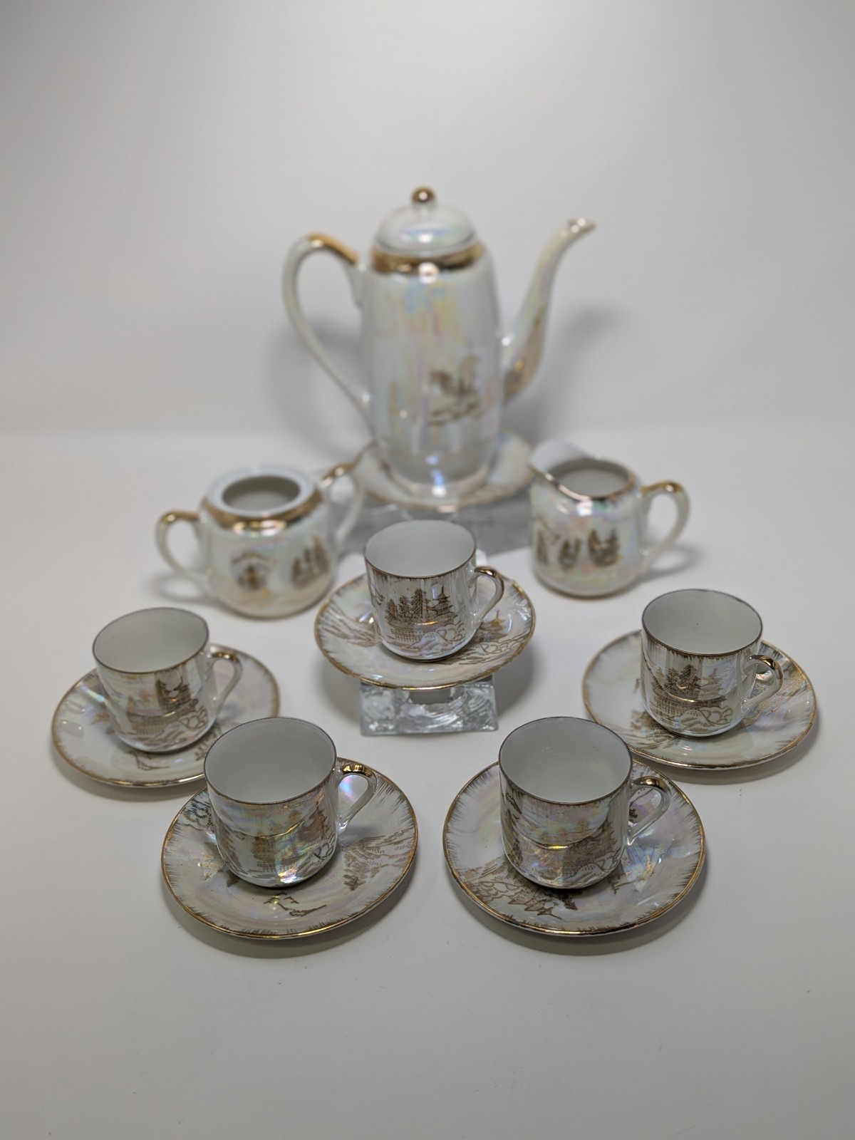 Vintage Kutani Japanese Tea Set Geisha Lithopanes Gold Gilt Opalescent Minus Lid