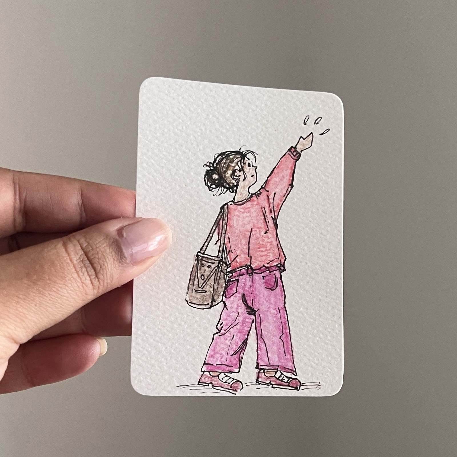 Original ACEO Art Card Pink Fashion Illustration Woman Watercolour Pencil Ink
