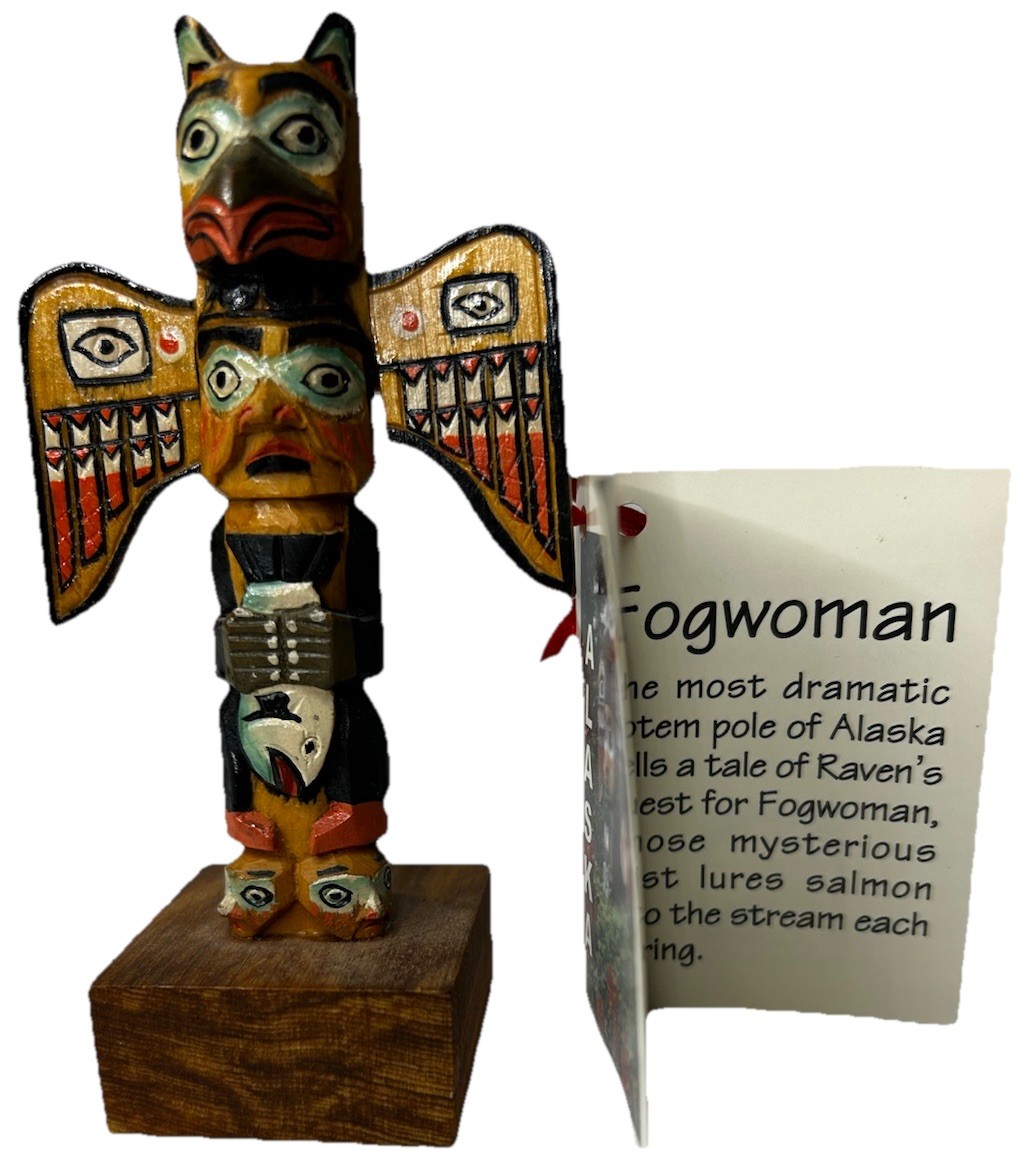Patrick Seale Hand Carved Alaska Black Diamond Wood Fog Woman Totem Pole 4” Vtg