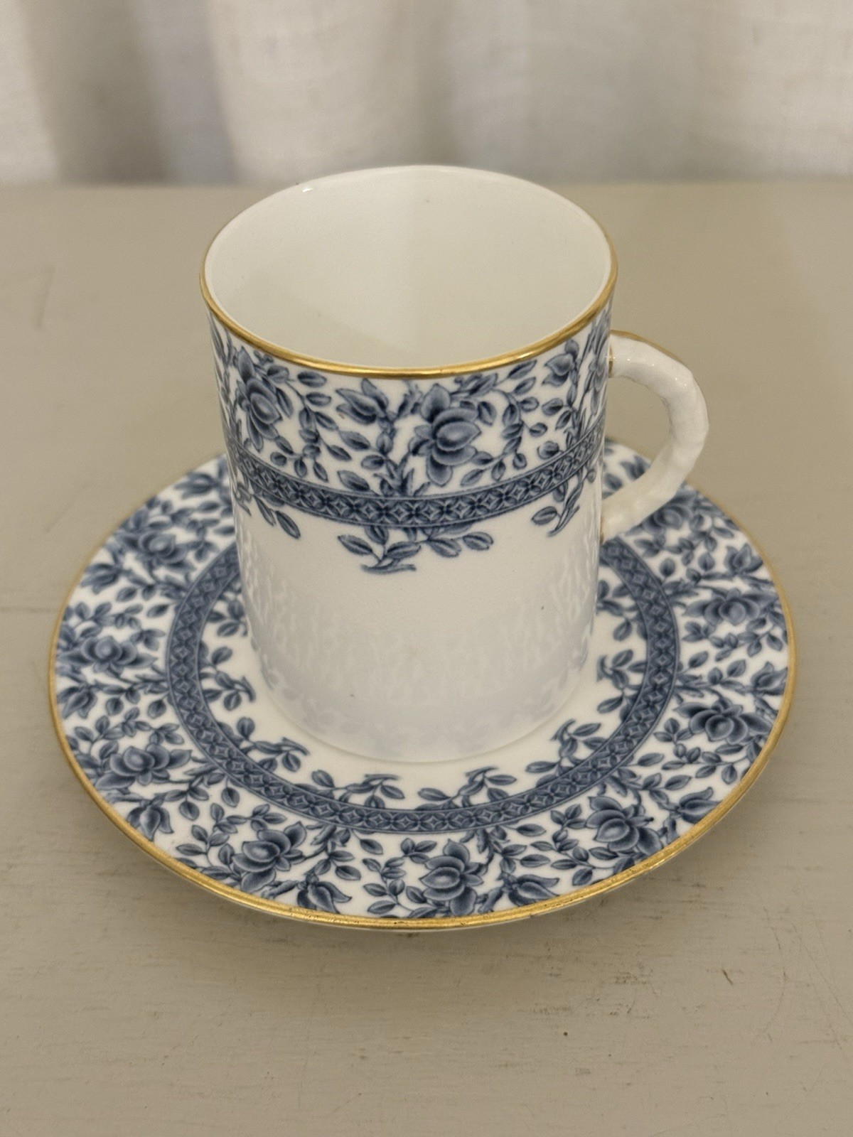 Antique 1892 Royal Worcester Demitasse Cup & Saucer Set Blue Floral Gilt W3842