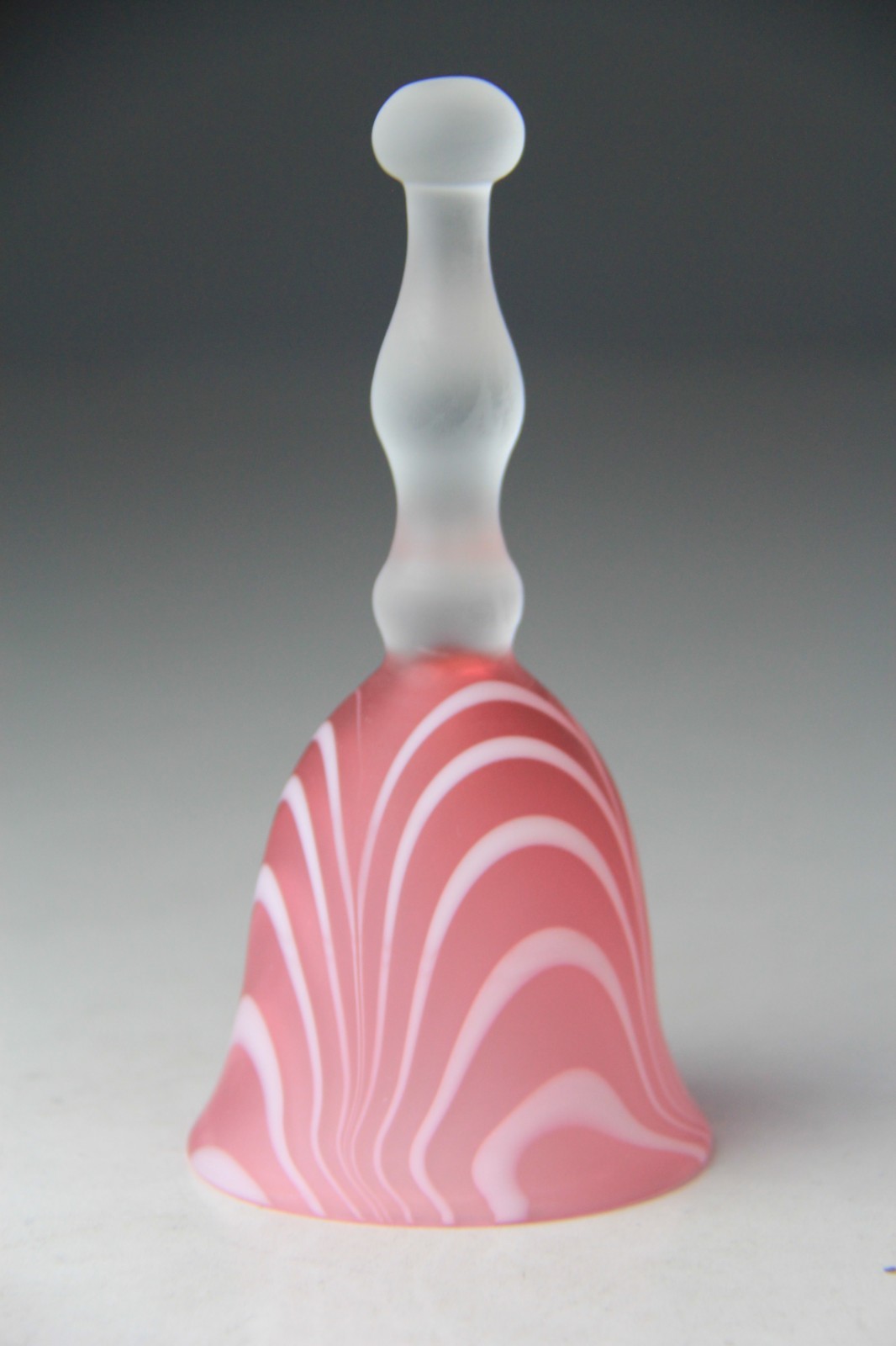 Pink & White Swirled Art Glass Bell featuring a Frosted, Bulbous Handle