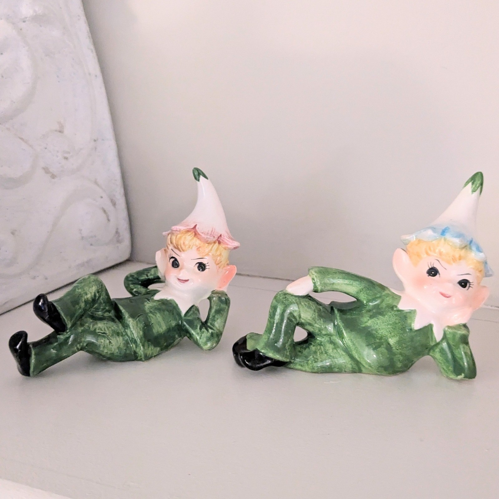 Vintage Set of 2 Norcrest? Japan Flower Pixie Elves Ceramic Figurines Kitsch