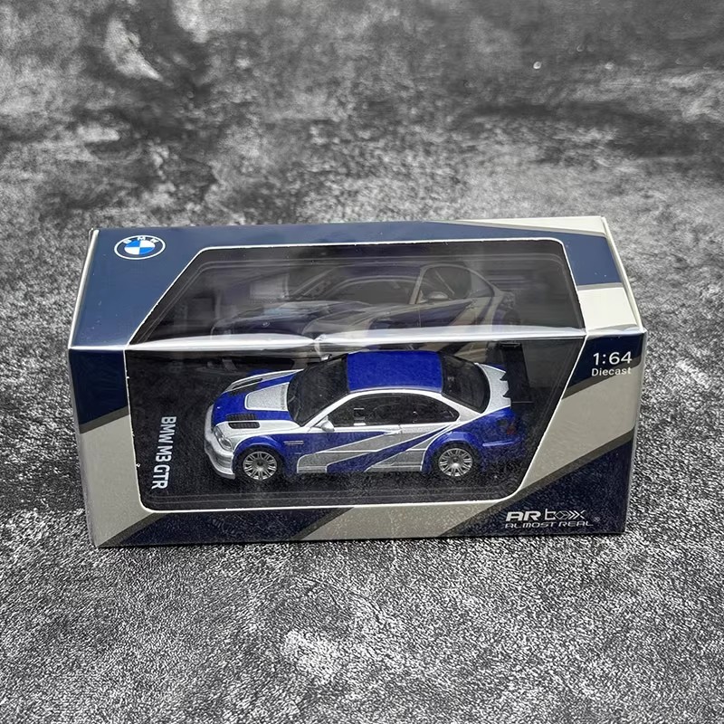 AR Box 1:64 BMW E46 M3 GTR Need For Speed Assembly Diecast Car Model Blue Silver
