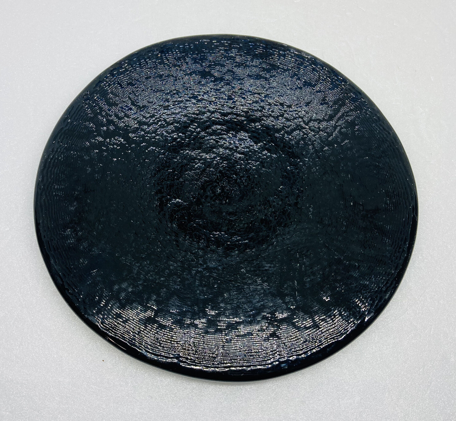 Rare 1970s Black Crystal Glass Large Coaster Pot Pan 6.5” Roubd Art Decor B2