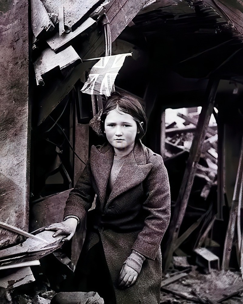English Girl with Union Jack amid Bombed Ruins WWII 8x10 Glossy Print HT41362128